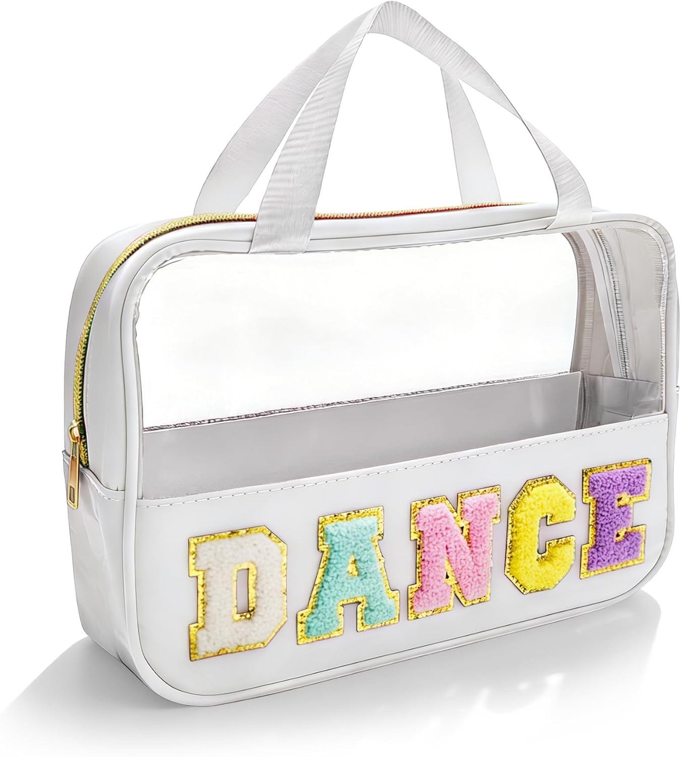 Dance Makeup Bag - Chenille Letter Patch Clear Ballet Cosmetic Case | Waterproof Nylon, Perfect for Dance Recitals & Competitions