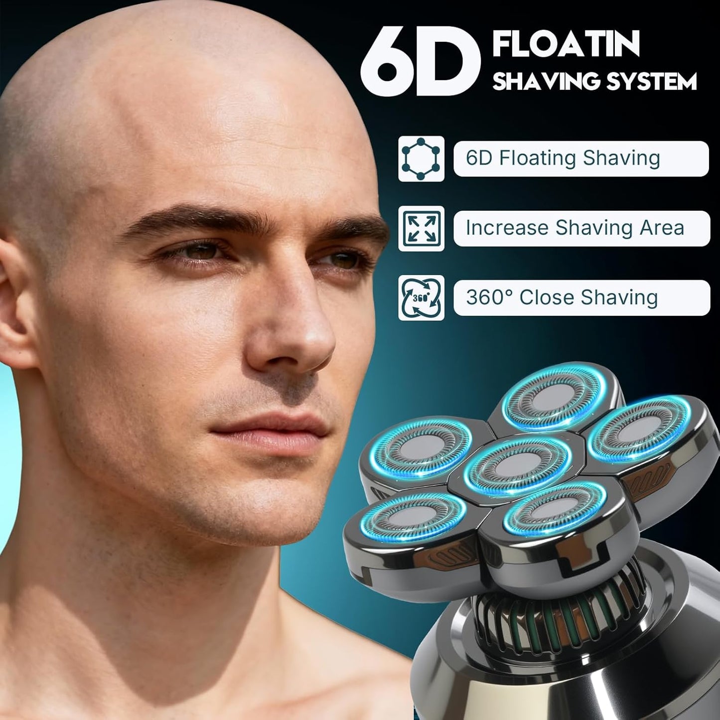 Electric Head Shaver for Bald Men - 6D Floating Heads, IPX8 Waterproof, Fast Charging Grooming Kit | Dry & Wet Use