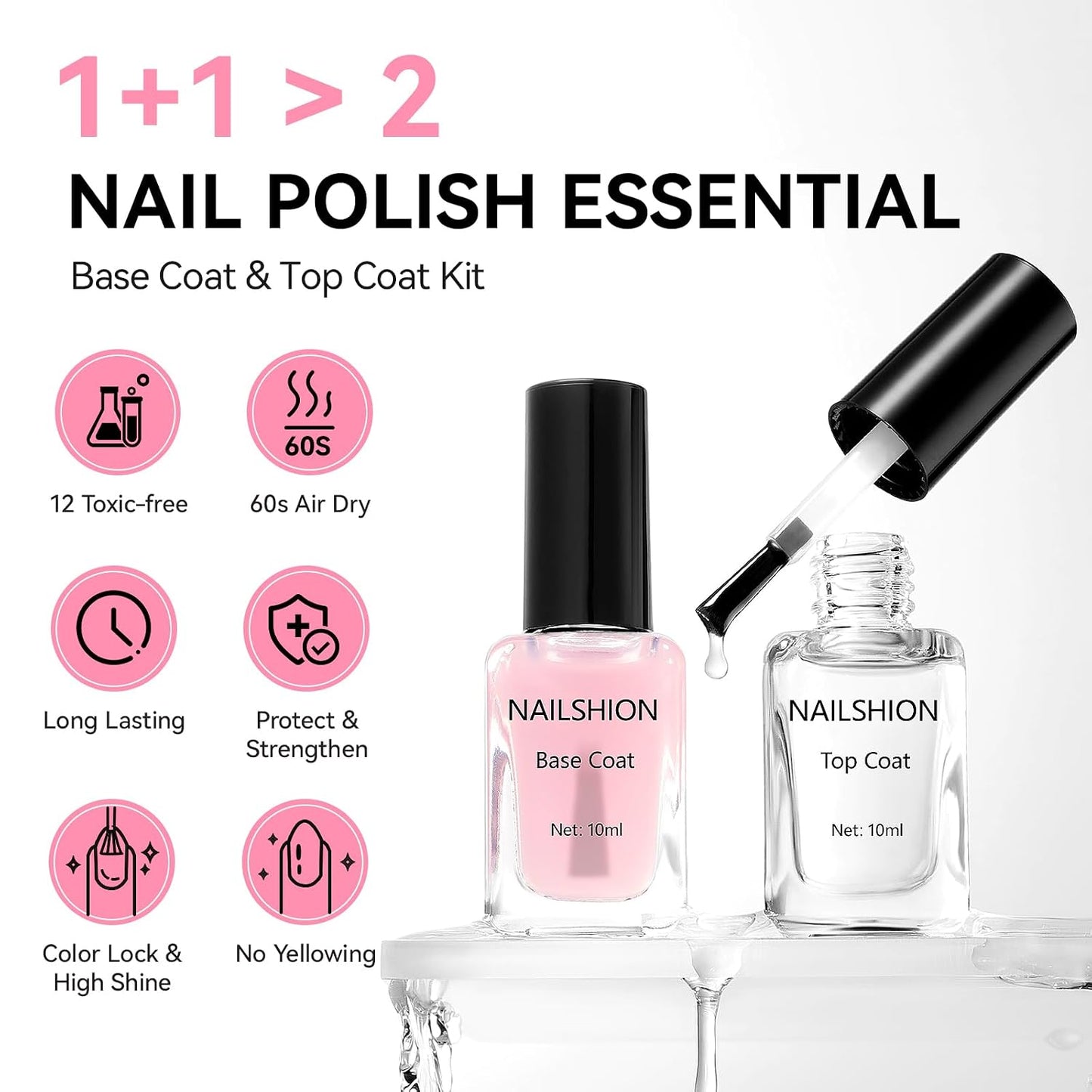 Clear Top Coat & Sheer Pink Base Coat Nail Polish Set - Strengthening Anti-Chip Formula, Quick Dry, Salon Quality