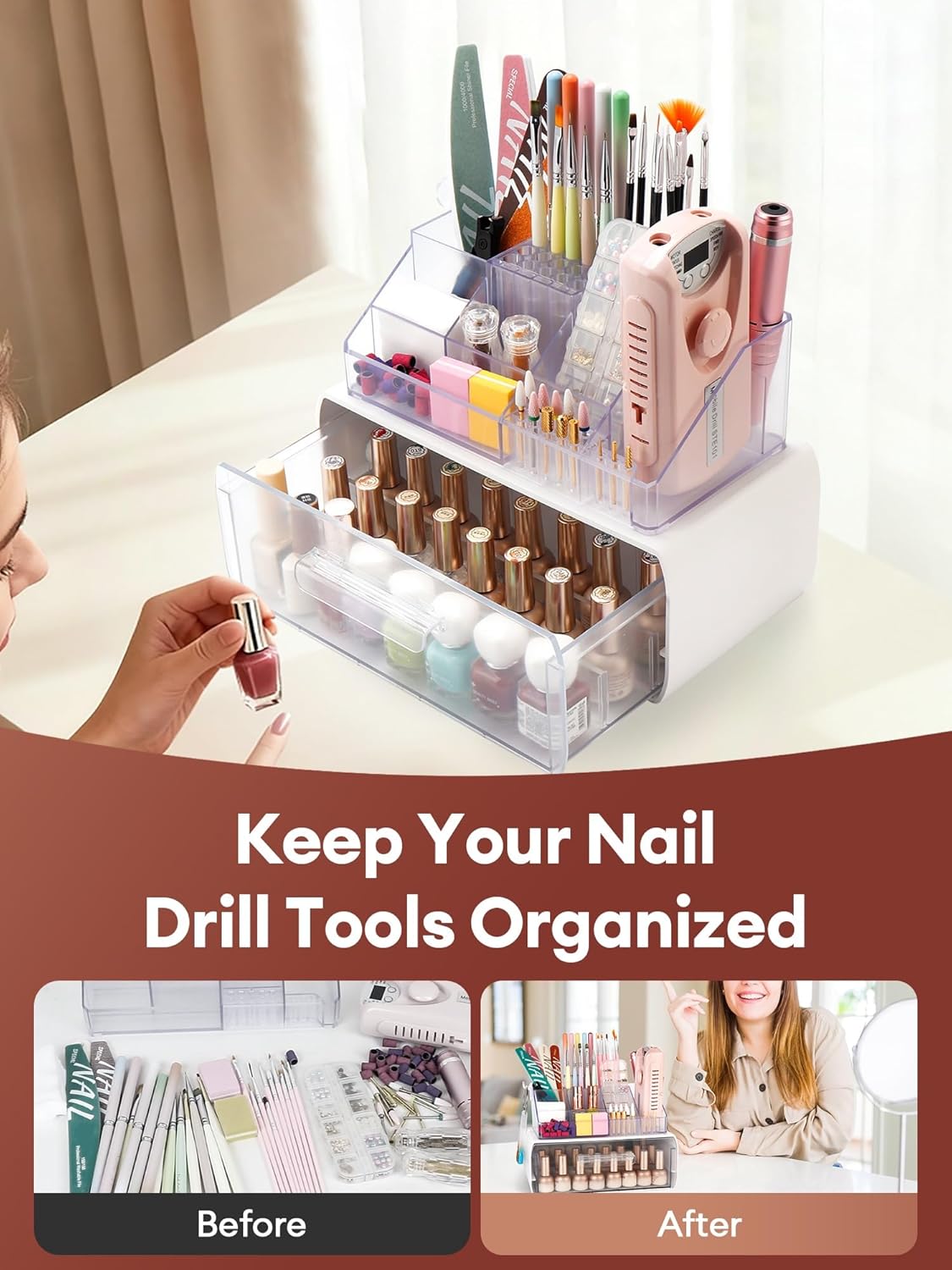 Nail Drill Holder with Drawer - Acrylic Makeup Organizer Case for Nail Bits | Beauty Storage Box for Dresser & Vanity