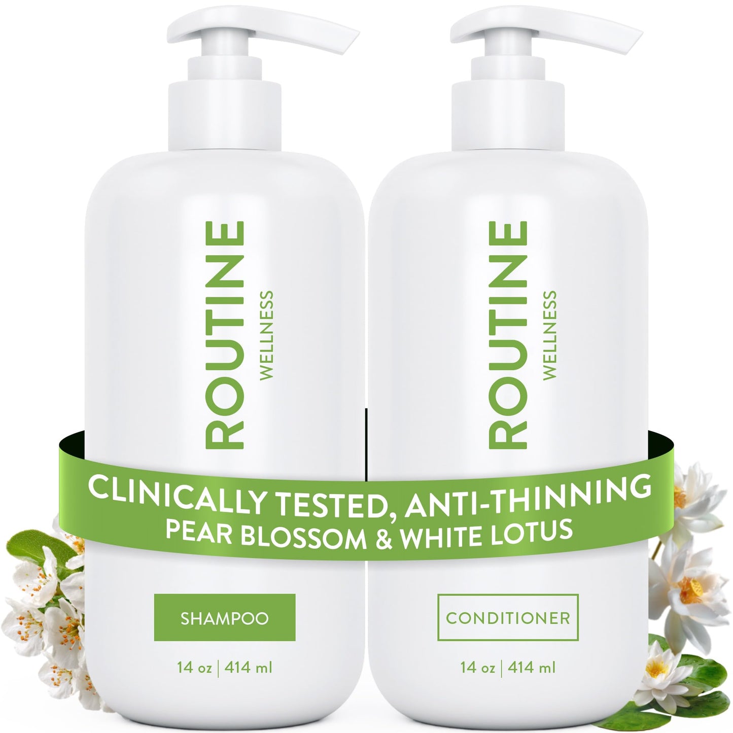 Routine Wellness Anti-Thinning Shampoo and Conditioner Set for Thinning Hair - Biotin DHT Blocker Women & Men - Color Safe Shampoo for Hair Loss & Healthier Hair - Pear Blossom & White Lotus Set