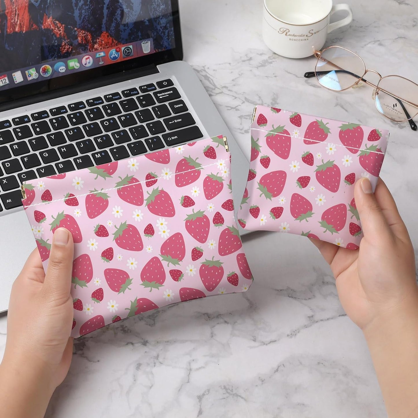 Makeup Bag Set - 2 PCS PU Leather Cosmetic Organizer for Women | Portable Self-Closing Pouch in Strawberry