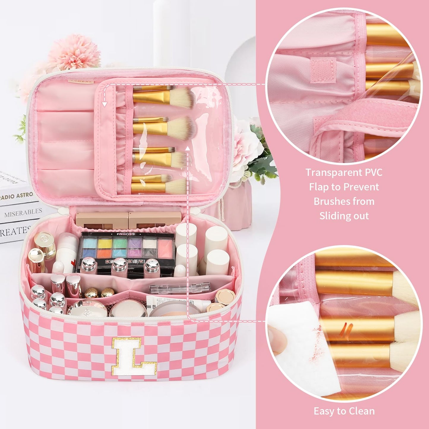 OCHEAL Makeup Bag for Women, Monogram Cosmetic Bag Pink Travel Makeup Case Beauty Toiletry Bag Organizer Personalized Gifts for Girls Bridesmaid, Sister, Wife, Friends Initial L