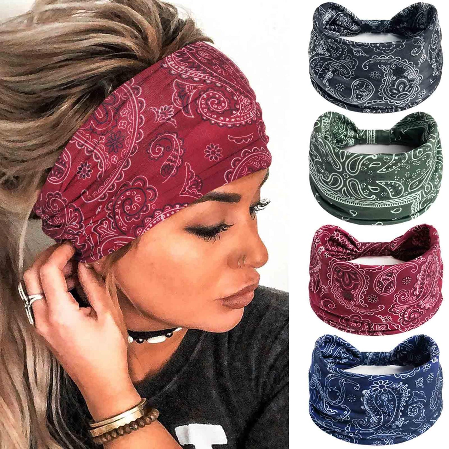 Olbye Wide Boho Headbands Floral Stretch Head Wraps Turban Knotted Yoga Hairbands Workout Hair Accessories for Women 4Pcs