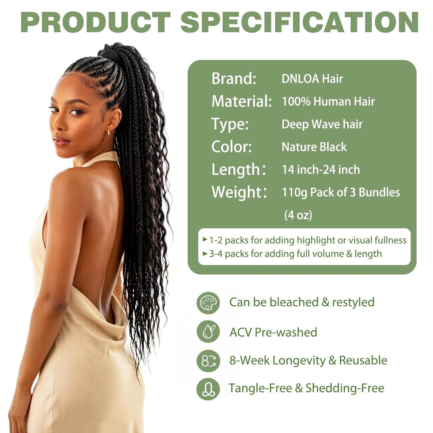 Human Braiding Hair - 14 Inch 100% Deep Wave Boho Hair for Braiding | 3 Bundles Natural Black with Curly Ends, 110g