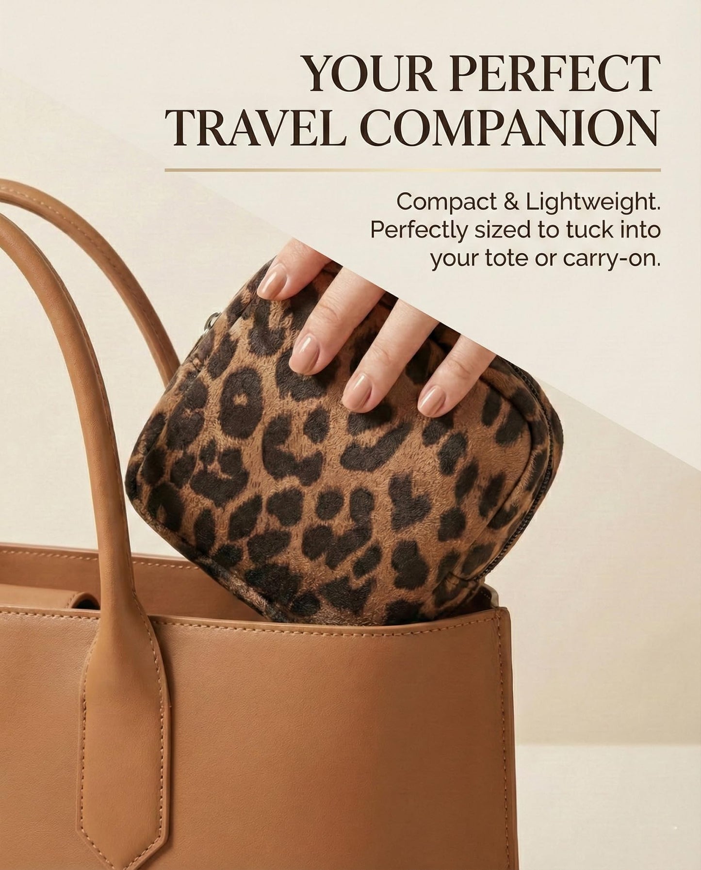 AGBIADD Fabric Leopard Print Makeup Bag Travel Cosmetic Case Soft Toiletry Bag with Zipper, Portable Make Up Organizer Traveling Compact Car Bag for Essentials (Brown)