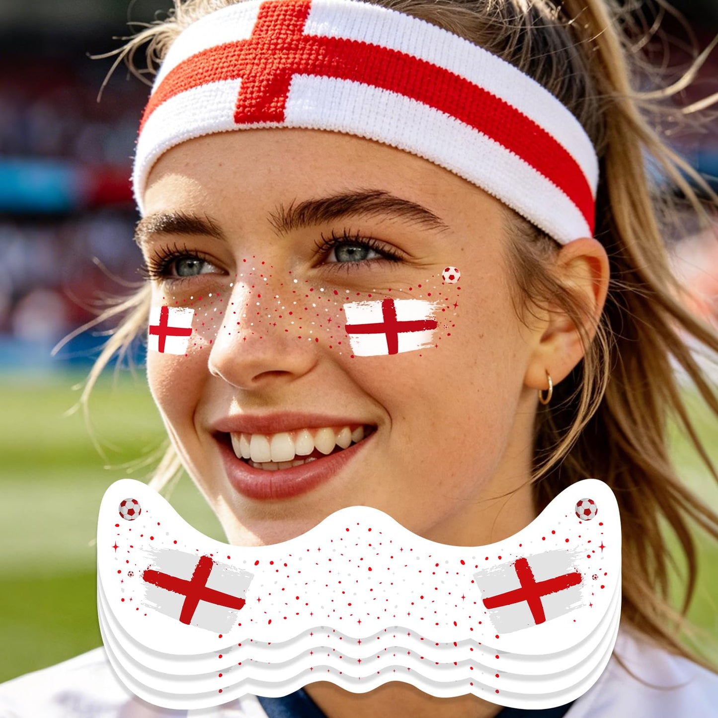 VXZ Red & White Soccer Fan Freckles Face Tattoo - Cross Flag Brushstroke Temporary Tattoos | Waterproof Sports Sparkle Stickers for Football Matches & Game Day Celebrations (8 Sheets)