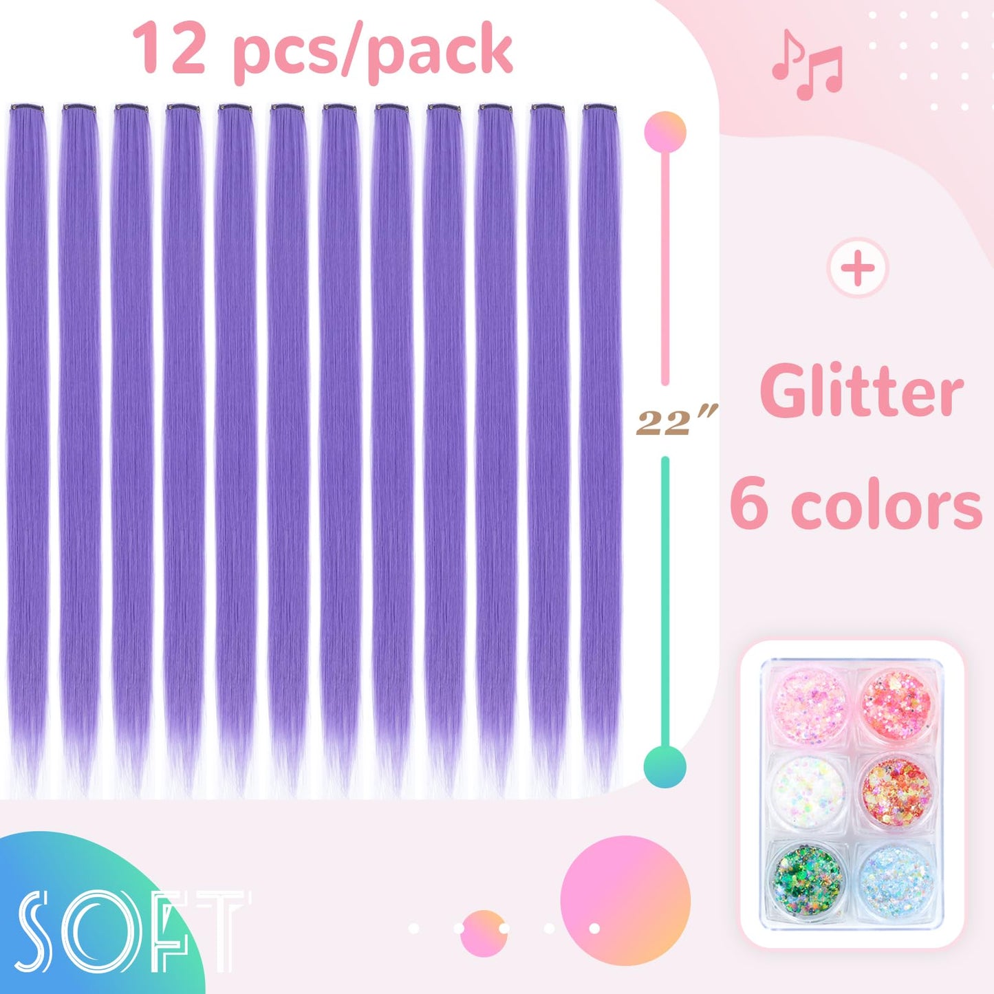 Colored Hair Extensions, 22 Inch Straight Clip in Hair Extension Body Face Hair Glitter Multi Color Rainbow Pink Red Hairpiece Extensions