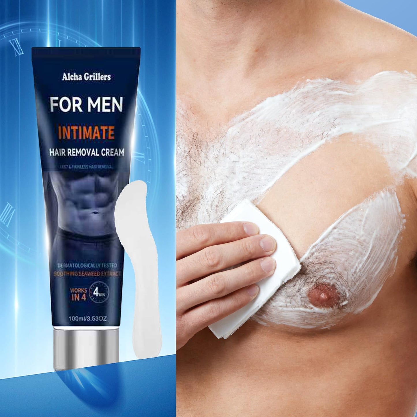 Painless Hair Removal Cream for Men, Intimate & Body Depilatory Cream for Male Grooming, Quick Hair Dissolving, Moisturizing Gentle Formula with Seaweed Extract, 100ml (1pcs)