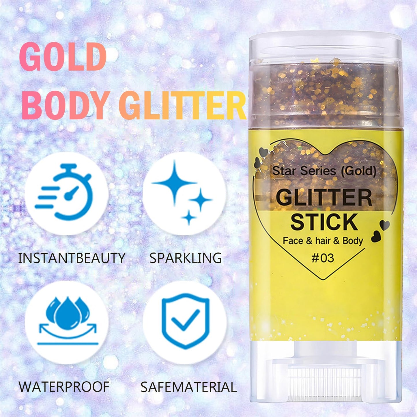 Gold Body Glitter Stick, Mardi Gras Glitter Makeup Yellow Face Paint, Eye Lip Hair Nails Body Glitter for Women Kids,Mermaid Chunky Waterproof Glitter, Festival Rave Accessories