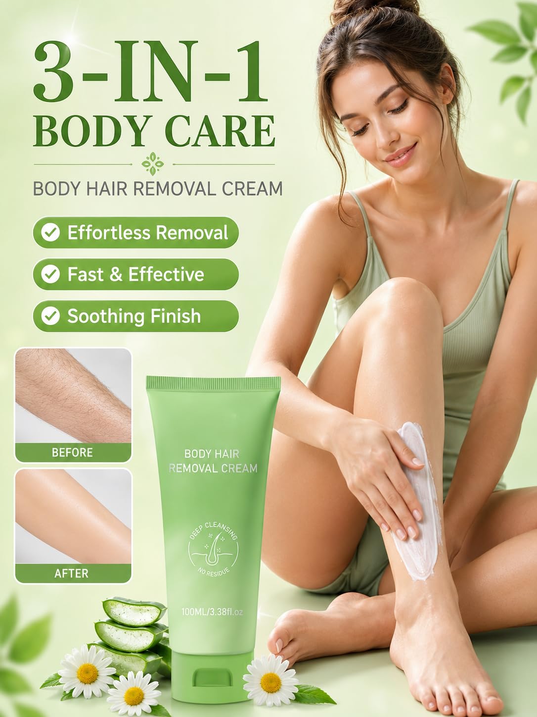 Gentle Hair Removal Cream for Women & Men | Aloe Vera & Chamomile, Smooth Skin for Legs, Arms, Underarms & Bikini Line (3.38 Fl Oz)
