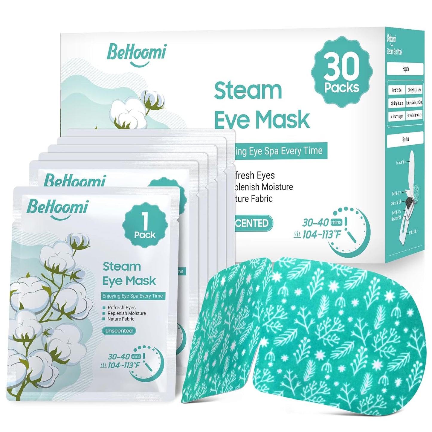 BeHoomi Heated Steam Eye Masks - 30 Packs of Disposable Warm Compresses for Relaxation | Unscented