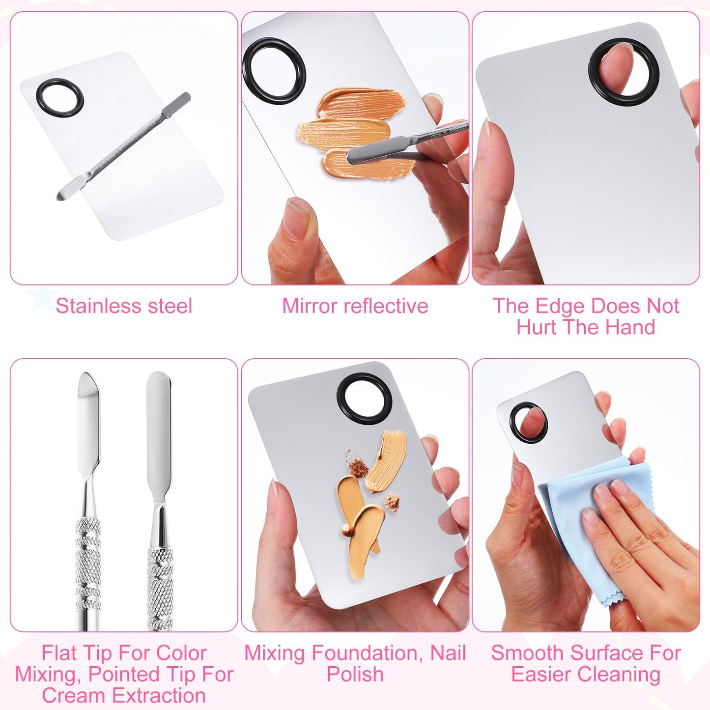 DOPENSPI Makeup Mixing Palette with 2PCS Flat Foundation Brush and Spatula and Powder Puff, Stainless Steel Makeup Palette Tray Cosmetic Palettes with Spatula Tool for Liquid Powder Cream