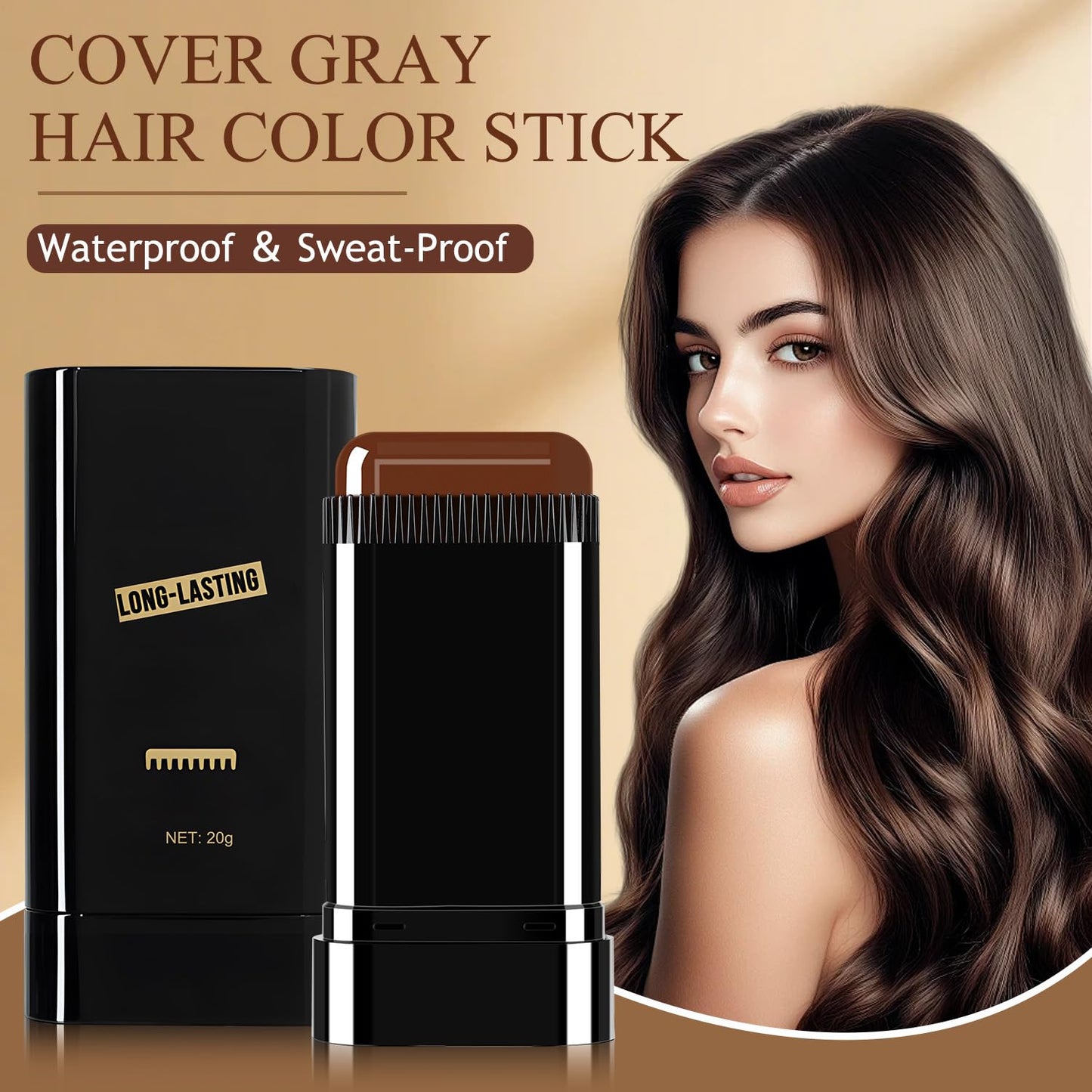Hair Color Stick - Waterproof Touch-Up Dye for Gray Hair | Portable Comb Applicator - Black