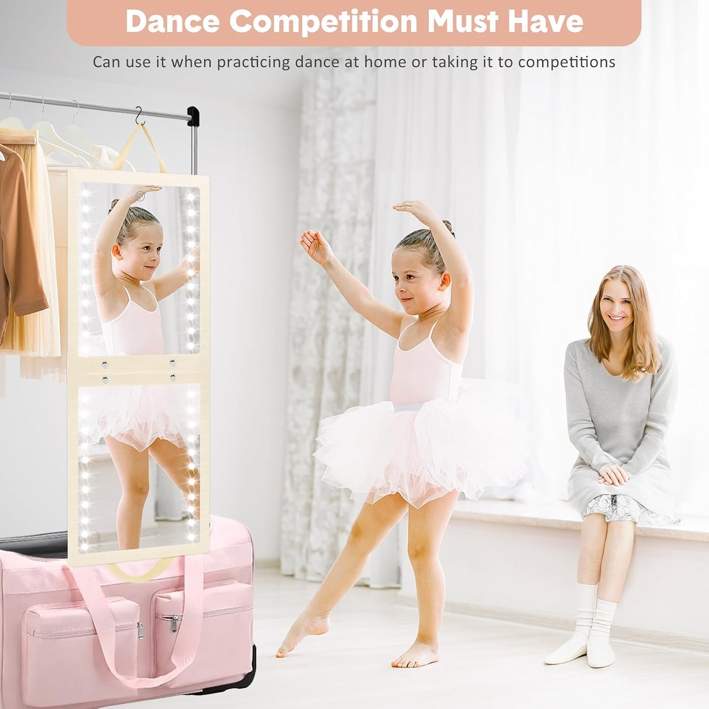 Lighted Hanging Mirror - Rechargeable LED Full Length Mirror for Dancers | Portable & Adjustable Brightness, Beige