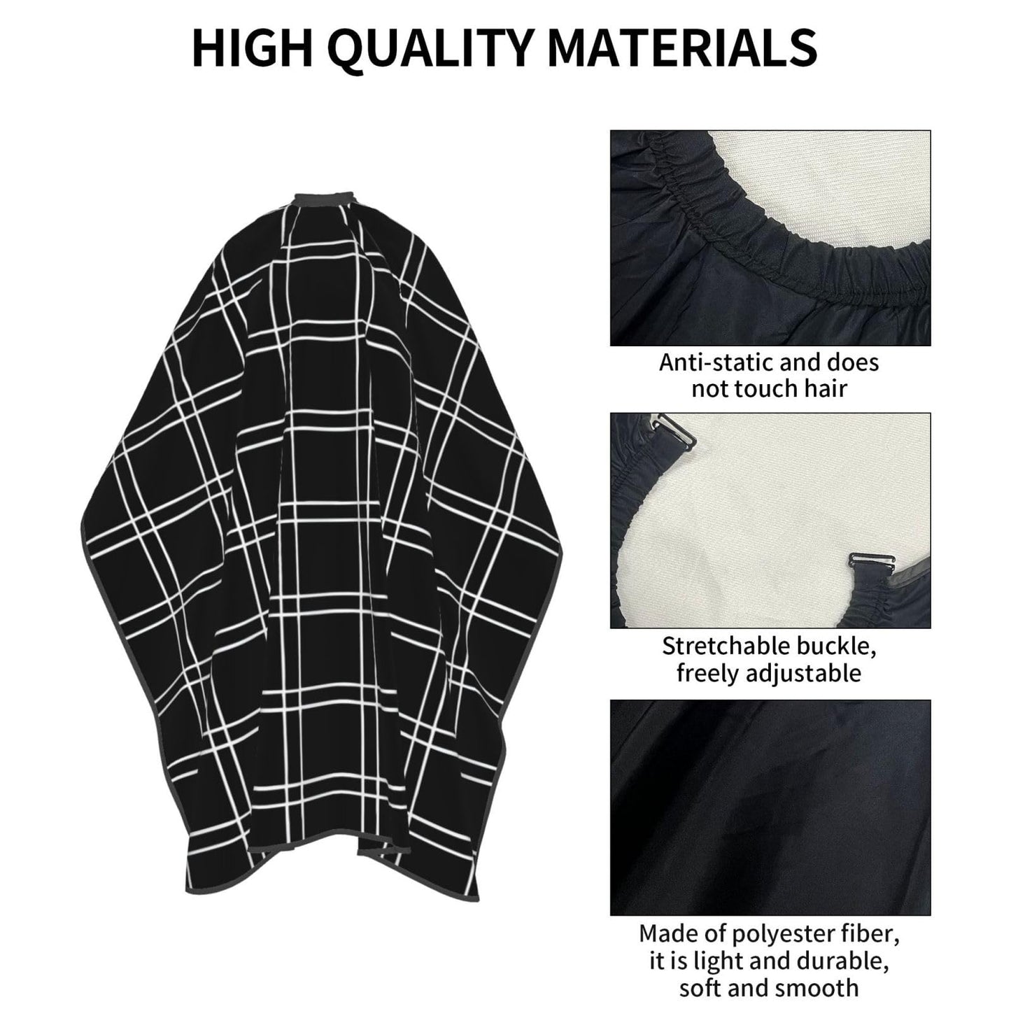 Black Tartan with White Lines Adult Professional Hair Cutting Cape Adjustable Snap Large Size 55x66 in