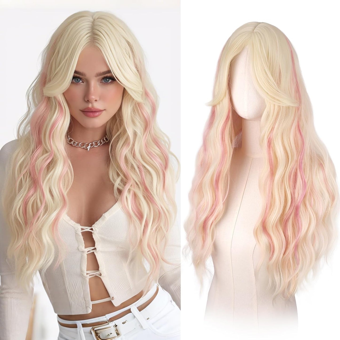Pink Wigs for Women - Long Wavy Synthetic Hair Wig with Curtain Bangs | 26 Inch Natural Look for Daily Wear & Cosplay