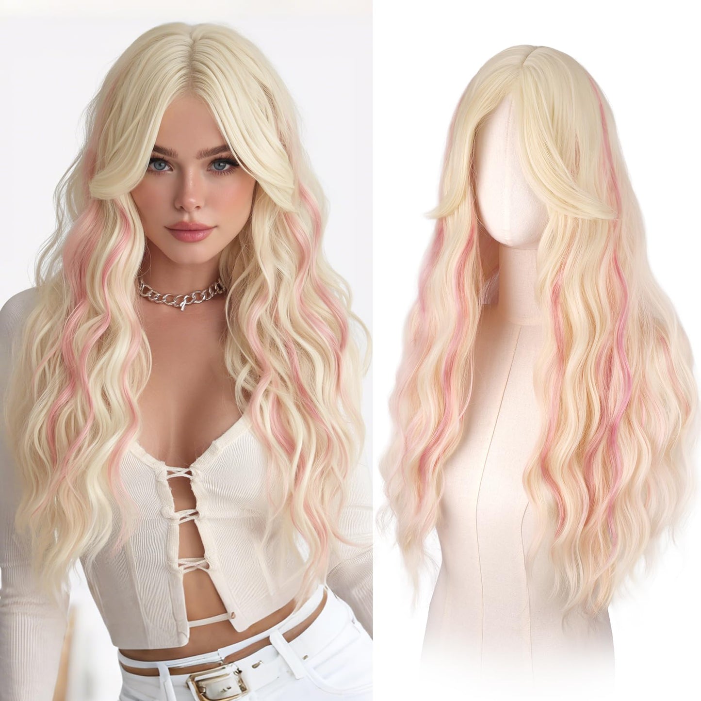 Haloo Blonde Wigs with Curtain Bangs for Women - Long Wavy Middle Part Natural Looking Synthetic Hair Wig for Daily Party Cosplay Costume, 26 Inch Blonde Mixed Pink