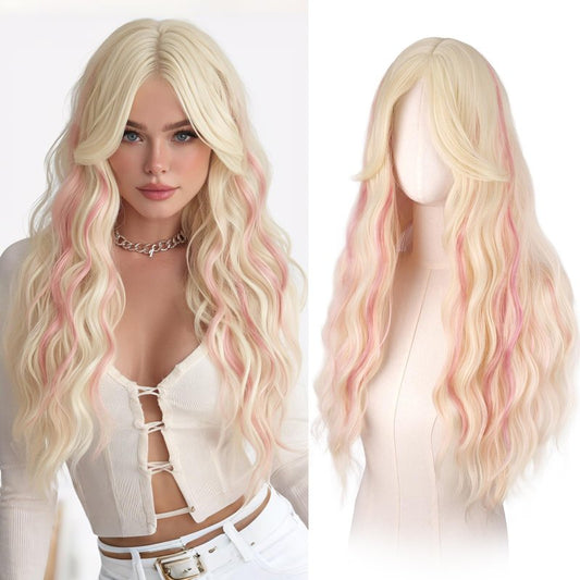 Haloo Blonde Wigs with Curtain Bangs for Women - Long Wavy Middle Part Natural Looking Synthetic Hair Wig for Daily Party Cosplay Costume, 26 Inch Blonde Mixed Pink