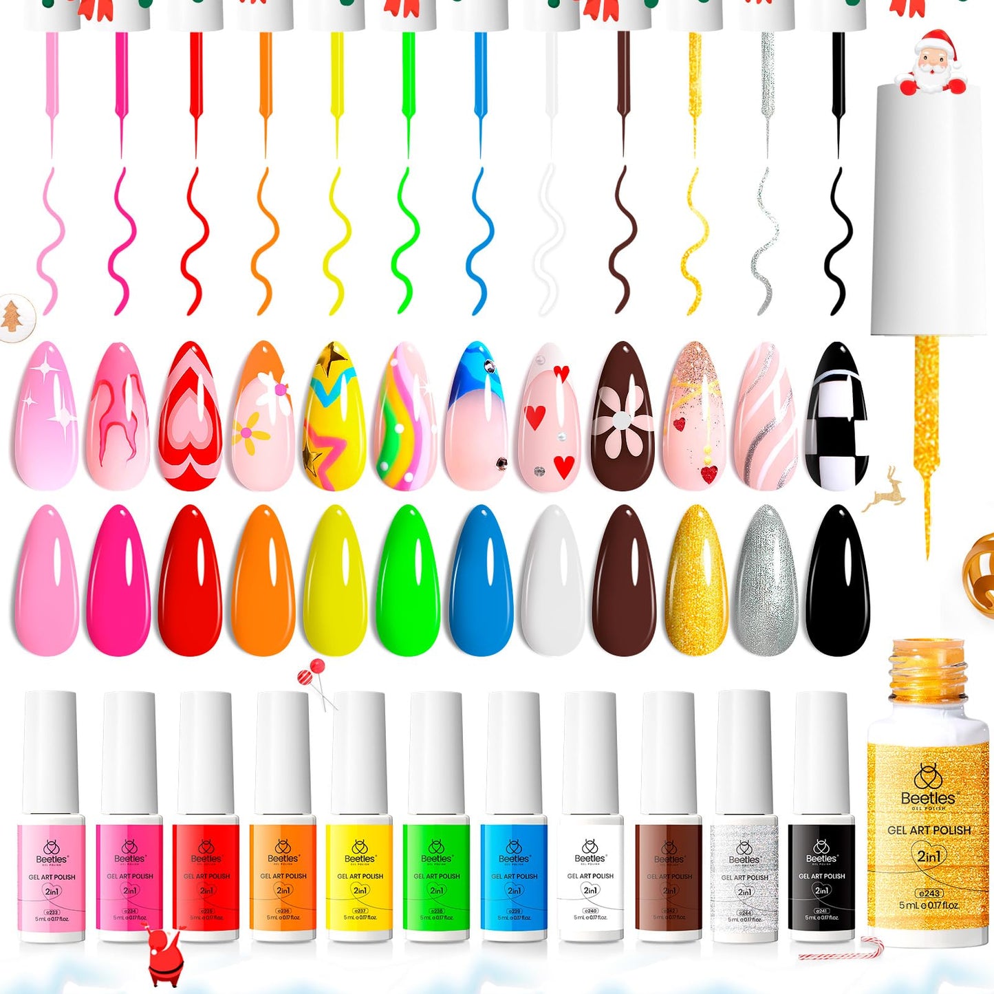 beetles Nail Art Polish Set- 12 Colors 2 IN 1 Gel Nail Polish, Pink Blue Purple Brown Black Gel Liner Polish Soak Off Nail Art Design Set, Nail Brush for Nail Painting for Women