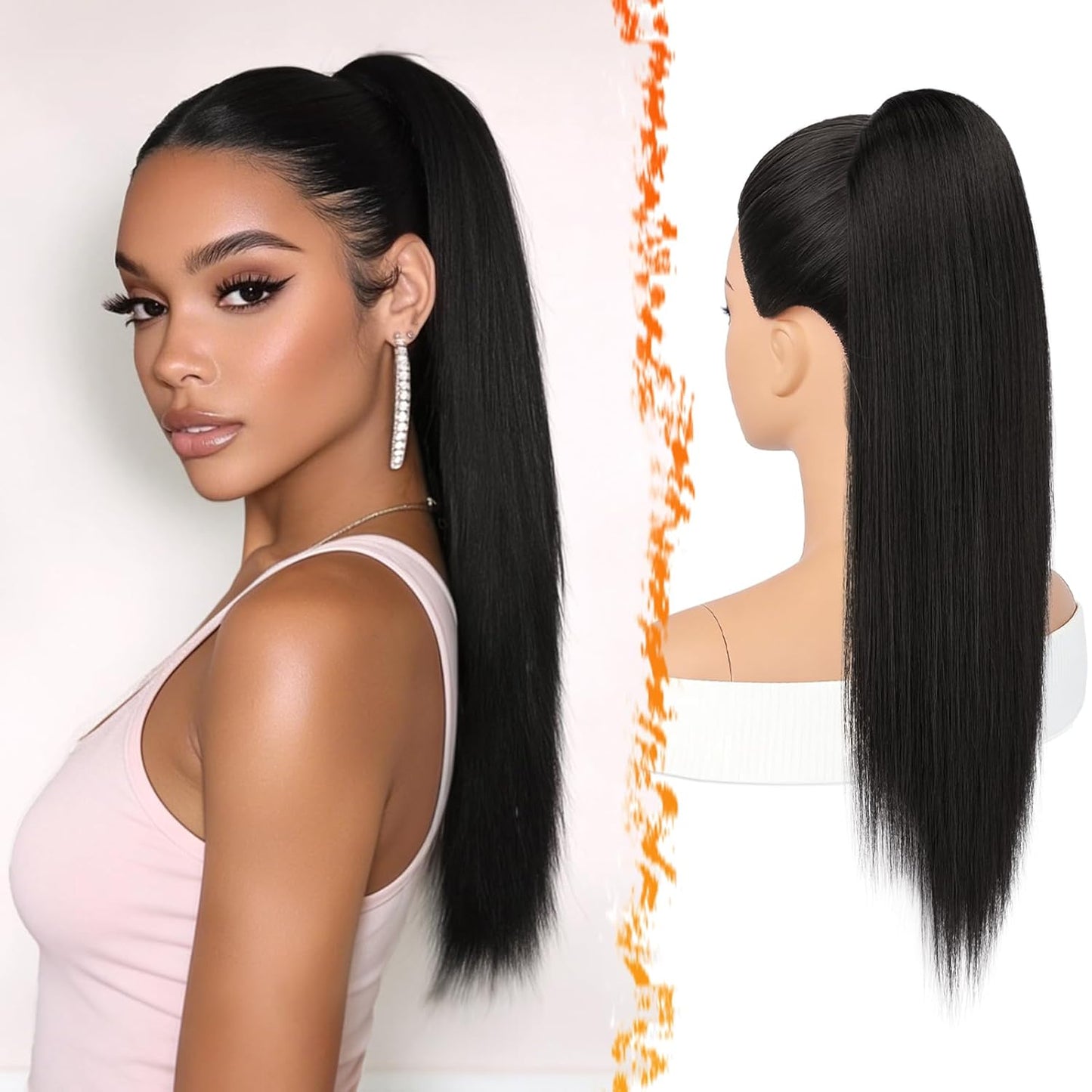 Dark Brown Straight Drawstring Ponytail Extension - 28 Inch Soft Synthetic Hairpiece for Daily & Party Wear