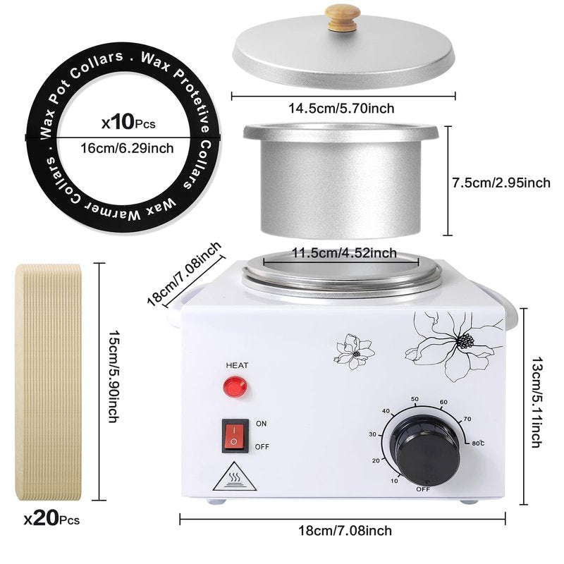 Portable Wax Warmer Machine for Painless Hair Removal, Women Men Professional Wax Heater with Adjustable Temperature Set, 20pcs Sticks (White - Single Pot)