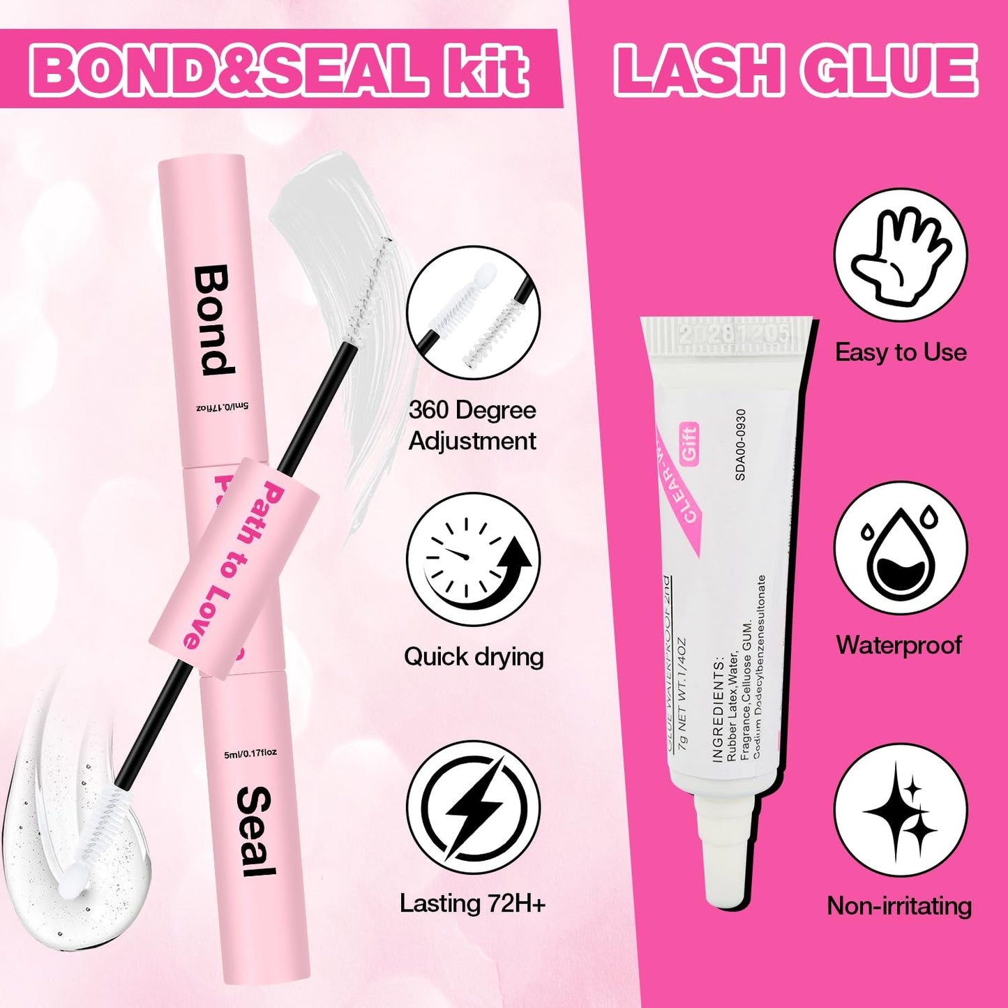 Professional Lash Cluster Glue Kit – 150H Strong Hold Lash Bond and Seal Waterproof Eyelash Glue,Long-Lasting Adhesive for DIY Cluster Lashes,Home Use,Beginners & Pros (White,3-Pack 2x5ml+5ml +0.24oz)