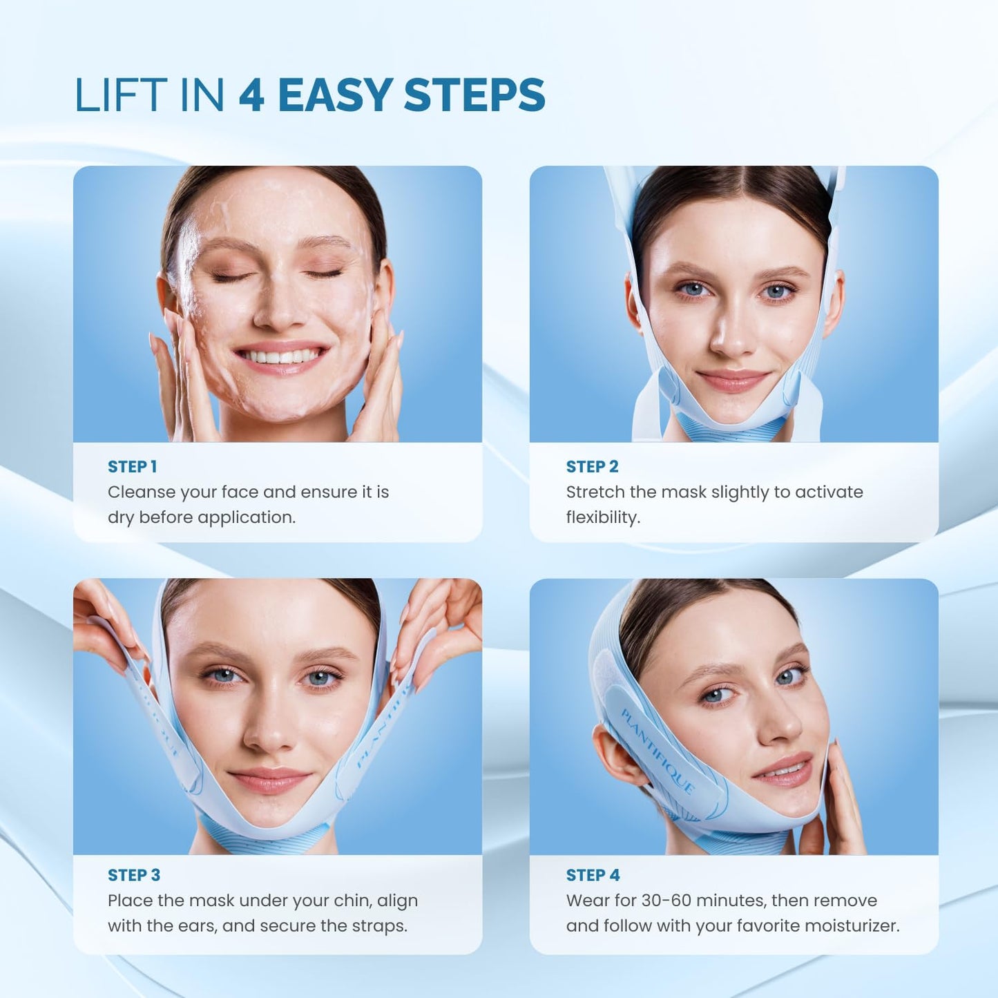 PLANTIFIQUE Chin Strap for Face Contouring - Reusable V Line Ice Silk Fabric Mask - Double Chin Shaping, Adjustable, Breathable Fabric - Jawline Shaper for Women & Men (Blue)