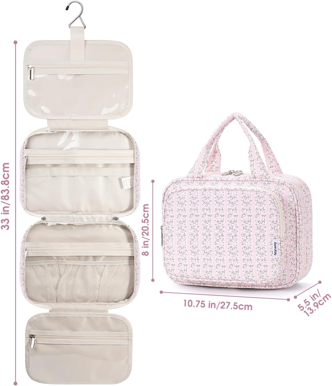 Narwey Hanging Toiletry Bag - Travel Makeup Organizer for Women | Medium Pink Flower Design