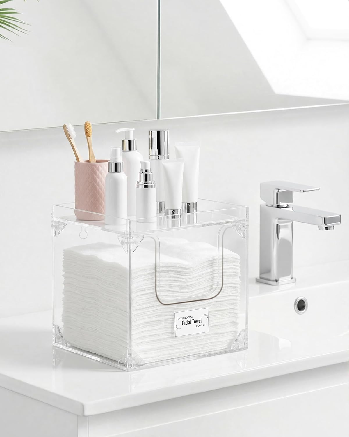 Foldable Facial Towel Holder - Acrylic Storage Box for Clean Towels | Non-Slip Pads, XL Size