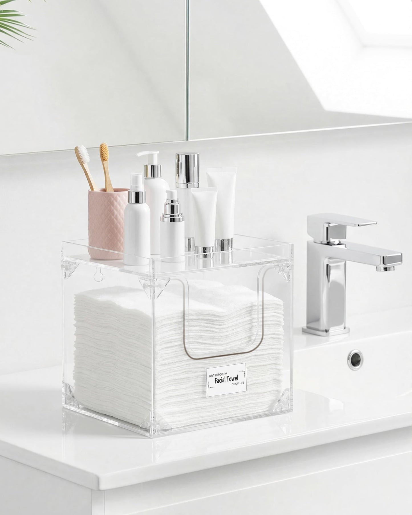 Foldable Facial Towel Holder – Disposable Face Towel Acrylic Storage Box for Bathroom, Clean Skin Club Box with Non-Slip Pads, Clean Towels XL Holder (Excluding Facial Towels)