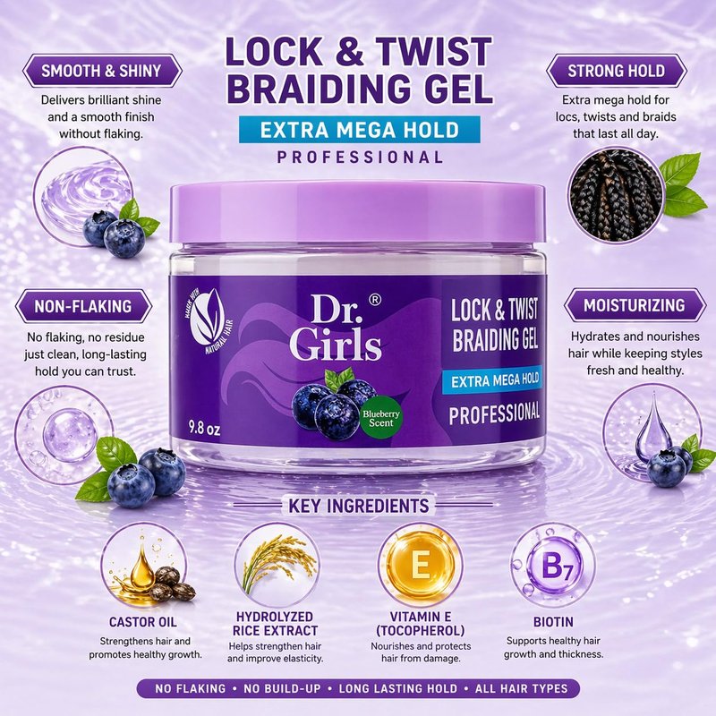 Dr. Girls Super Grow Loc & Twists Braiding Conditioning Gel / 9.8oz / Extra Mega Hold (Blueberry)