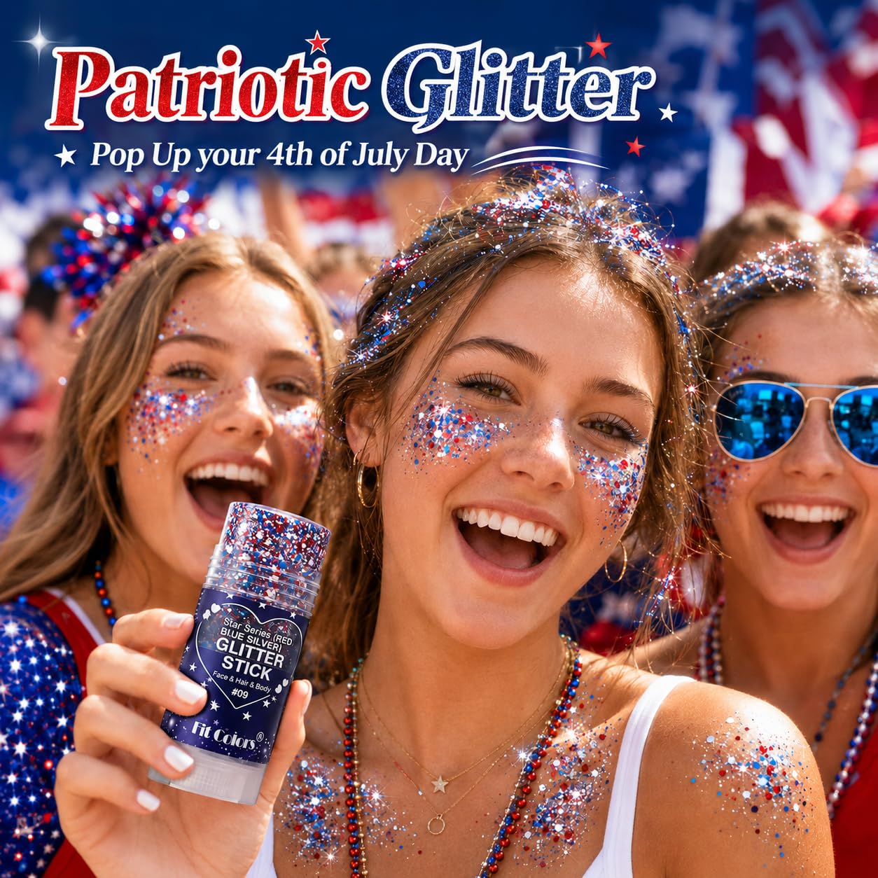 Honlley Patriotic Red White and Blue Face Hair Body Glitter Stick, Waterproof 4th of July Outfits Accessories for Women Kids, USA Flag Fourth Sparkle Makeup for 250 Anniversary Memorial Veterans Day