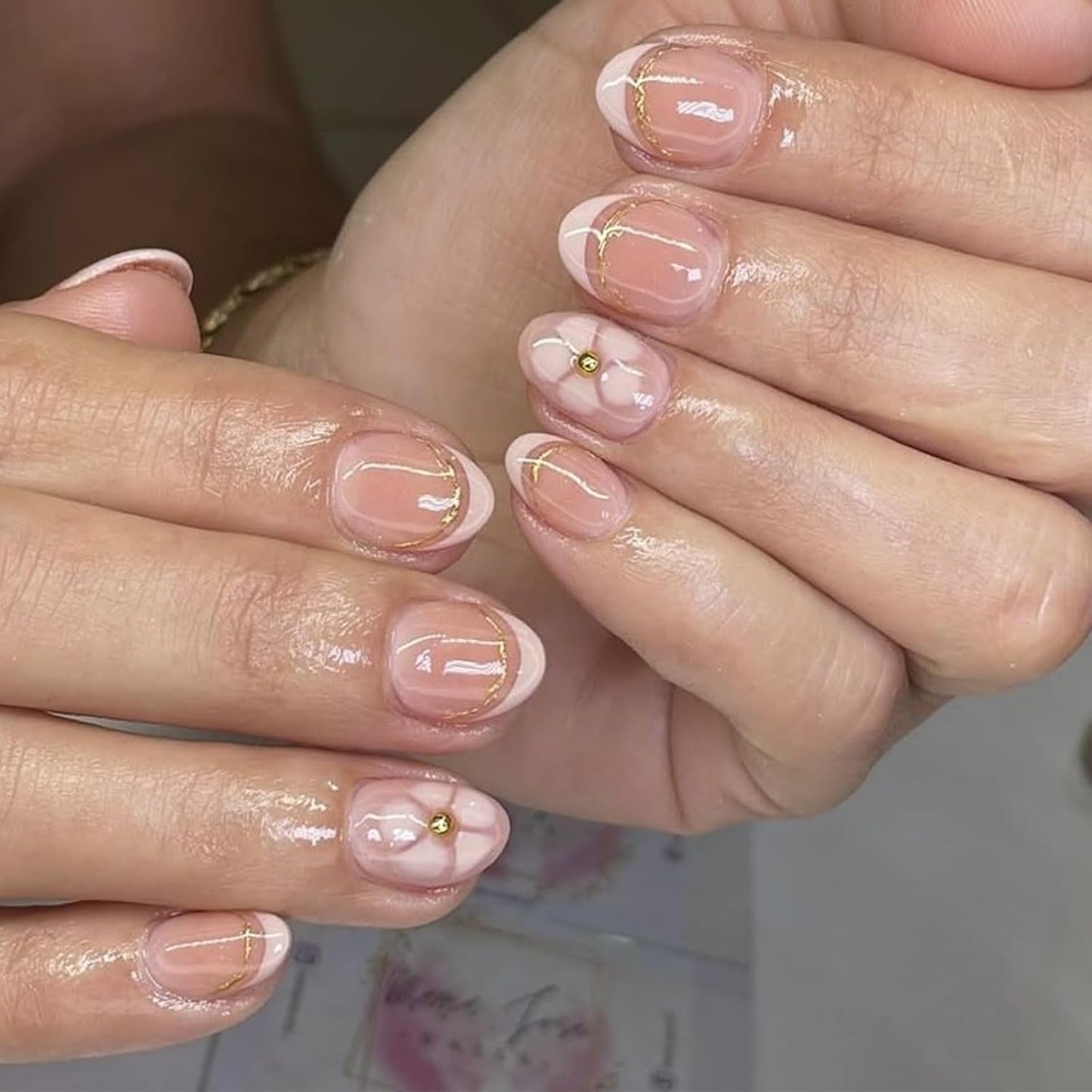 French Tip Press-On Nails - Medium Almond Red Bow Design | Reusable Pink Acrylic 30 Pcs