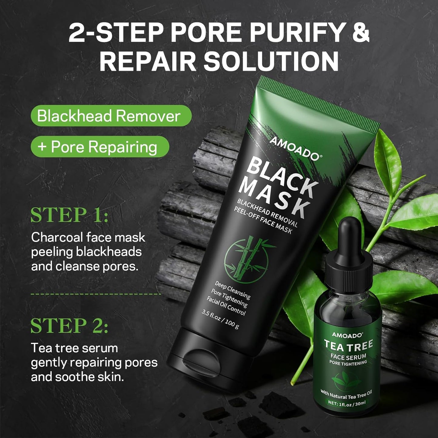 Blackhead Remover Peel Off Face Mask Set - Charcoal & Tea Tree Oil Duo for Deep Cleansing | 2-in-1 Pore Tightening Solution