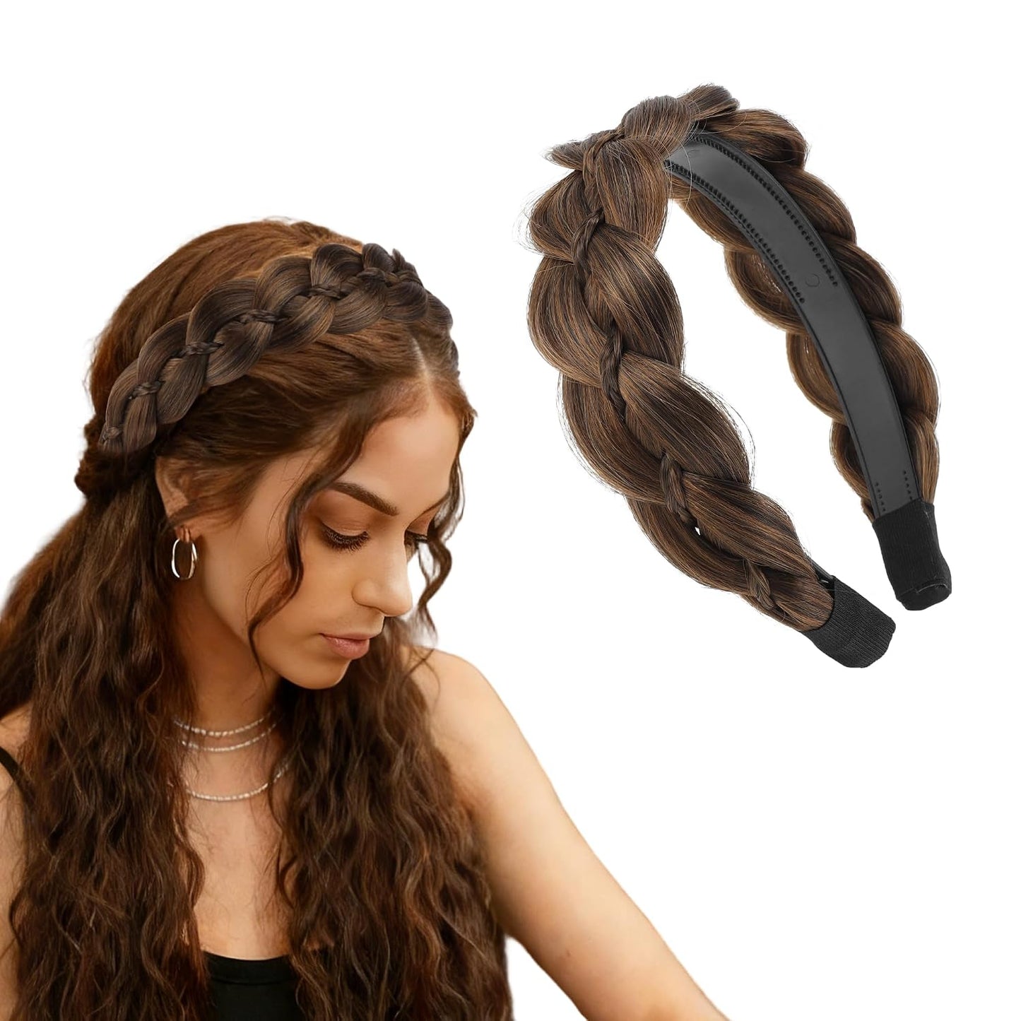 Braided Hairpiece Headband - Synthetic Wide Hair Band for Versatile Styles | Brown