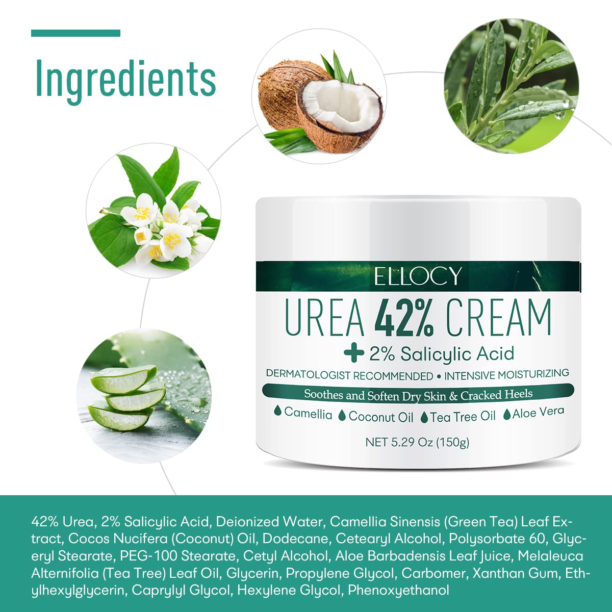 Ellocy Urea 42% Foot Cream, Salicylic Acid, 5.29 Oz, Best Callus Remover, Moisturizes and Rehydrates Feet, for Thick, Cracked, Rough, Dead & Dry Skin
