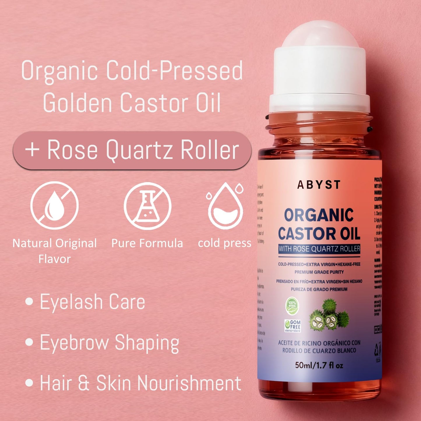 Organic Castor Oil Roll On - Rose Quartz Roller Ball for Face & Body, Skin & Hair Moisturizer, Glass Bottle, Pure & Natural, Cold-Pressed (1)