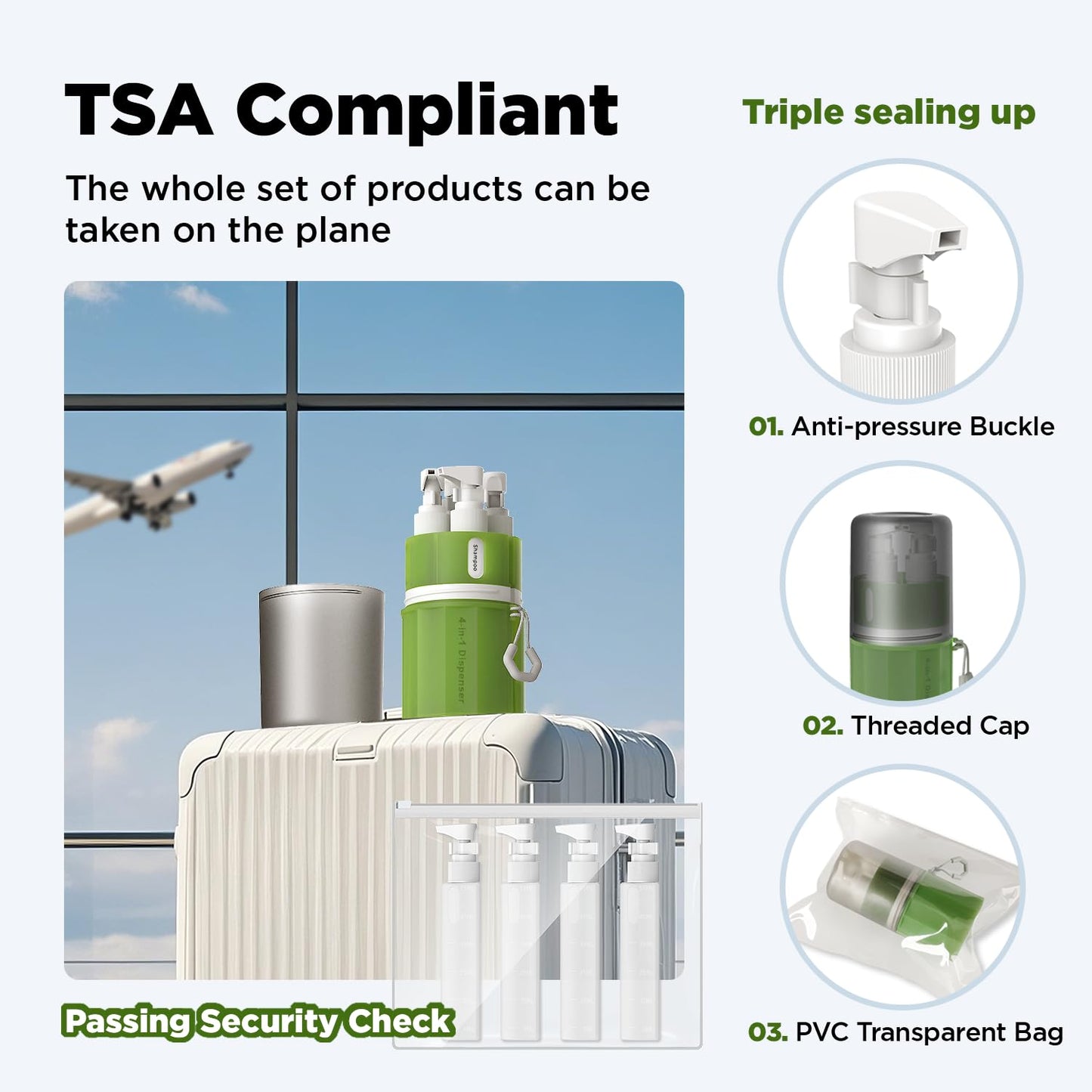 VOGOGE Travel Bottles for Toiletries, TSA Approved Travel Shampoo and conditioner Bottles with Suction Cups, Green