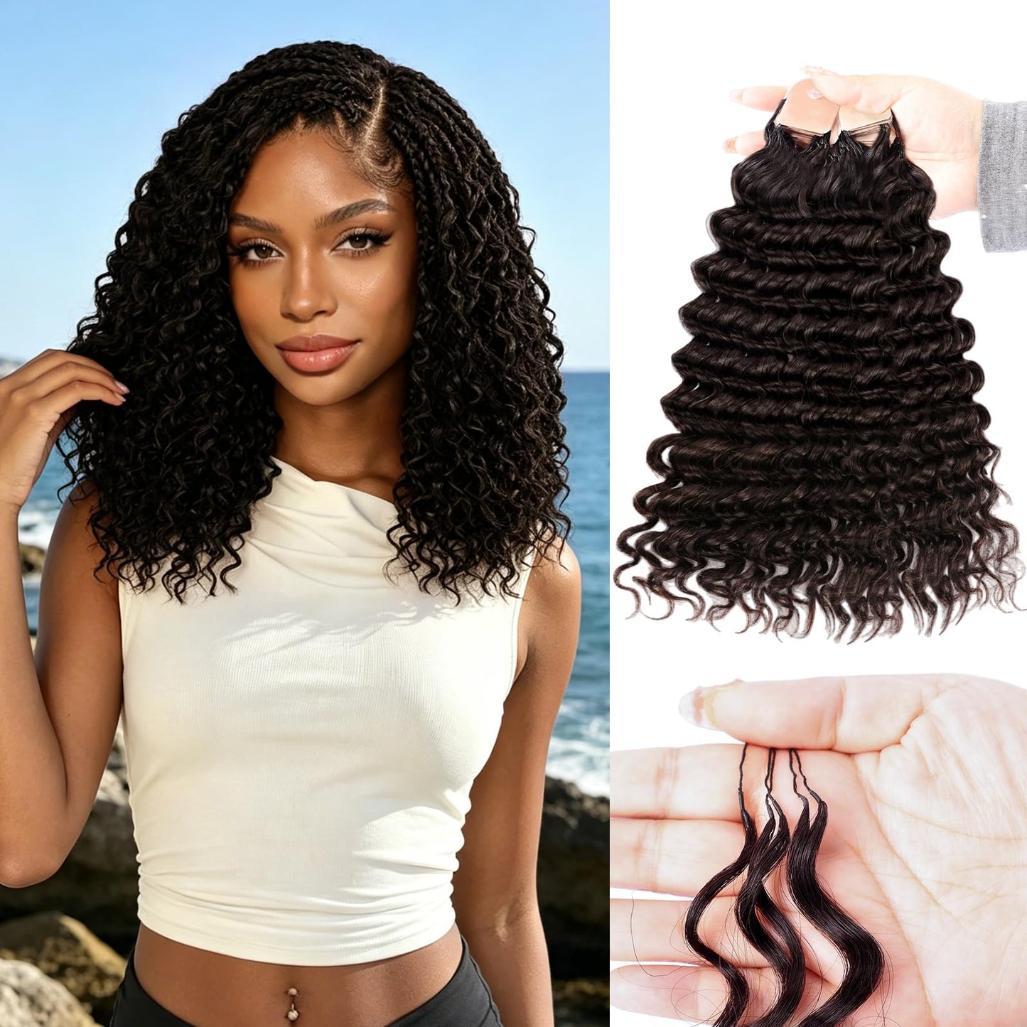 Human Crochet Hair for Black Women Deep Wave Feather Crochet Human Hair Extensions Brazilian Virgin Hair Upgrade Bulk Knotless Boho Braids Hair Pre Looped Curly Braiding Bundles