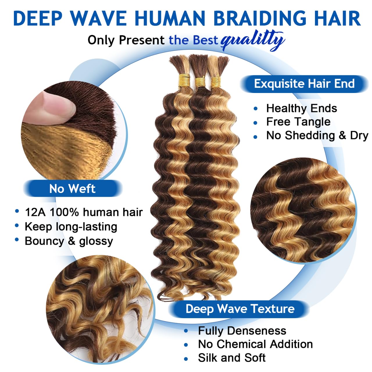 Bizvus 22inch Human Braiding Hair for Boho Braids 110g Deep Wave Boho Bulk Human Hair for Braiding Knotless 12A Wet and Wavy Bulk Bohemian Curly 3 Bundles/Pack #4/27 Ombre Balayage Color