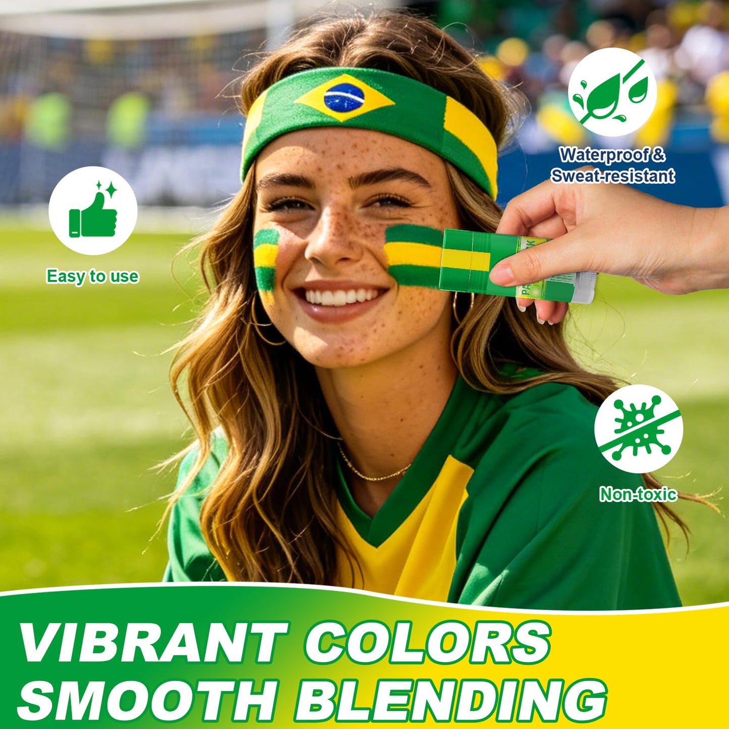 Green Yellow and Green Brazil Face Body Paint Stick for 2026 World Cup Fan Soccer Baseball Softball Sports Eye Black Stick Makeup (Brazil)