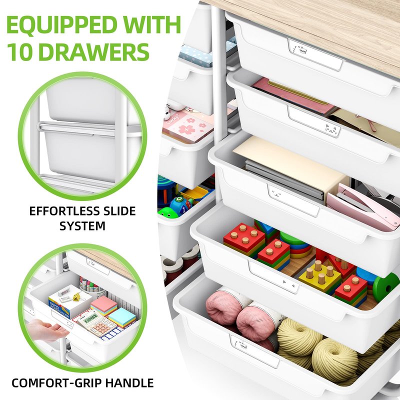 10 Drawers Rolling Cart with Wooden Tabletop, Utility Storage Cart with Wheels, Art Supply Craft Organizer on Wheel with Metal Frame & Handles for Home Office School (Pure White)