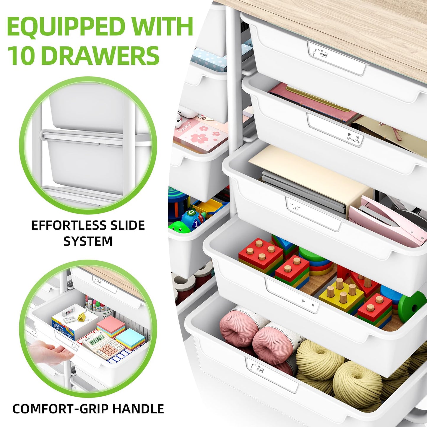 10 Drawers Rolling Cart with Wooden Tabletop, Utility Storage Cart with Wheels, Art Supply Craft Organizer on Wheel with Metal Frame & Handles for Home Office School (Pure White)