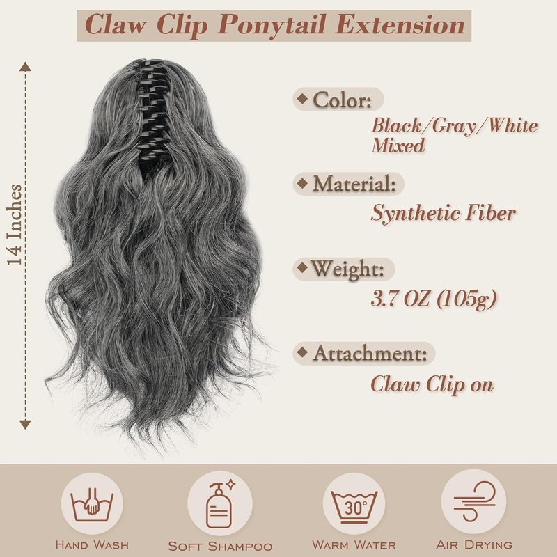 Claw Clip Ponytail Extensions - 14 Inch Wavy Gray Synthetic Hairpiece | Black & Gray Mix