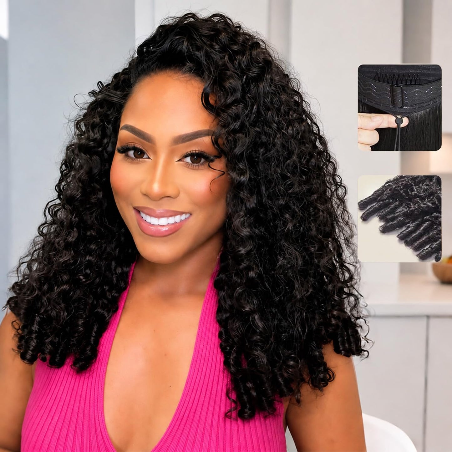 Burmese Curly V Part Half Wig - 220% Density, 16 Inch, 100% Human Hair | Easy Wear & Go Style