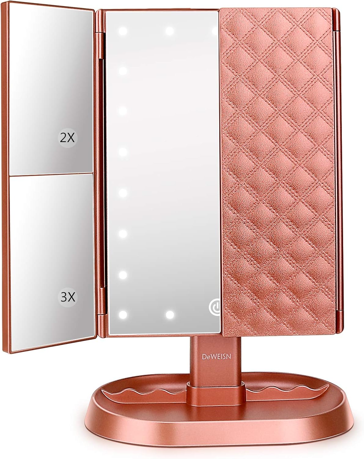 Trifold Lighted Vanity Makeup Mirror - 21 LED Lights, Touch Screen Dimming | 1x/2x/3x Magnification, Dual Power Supply