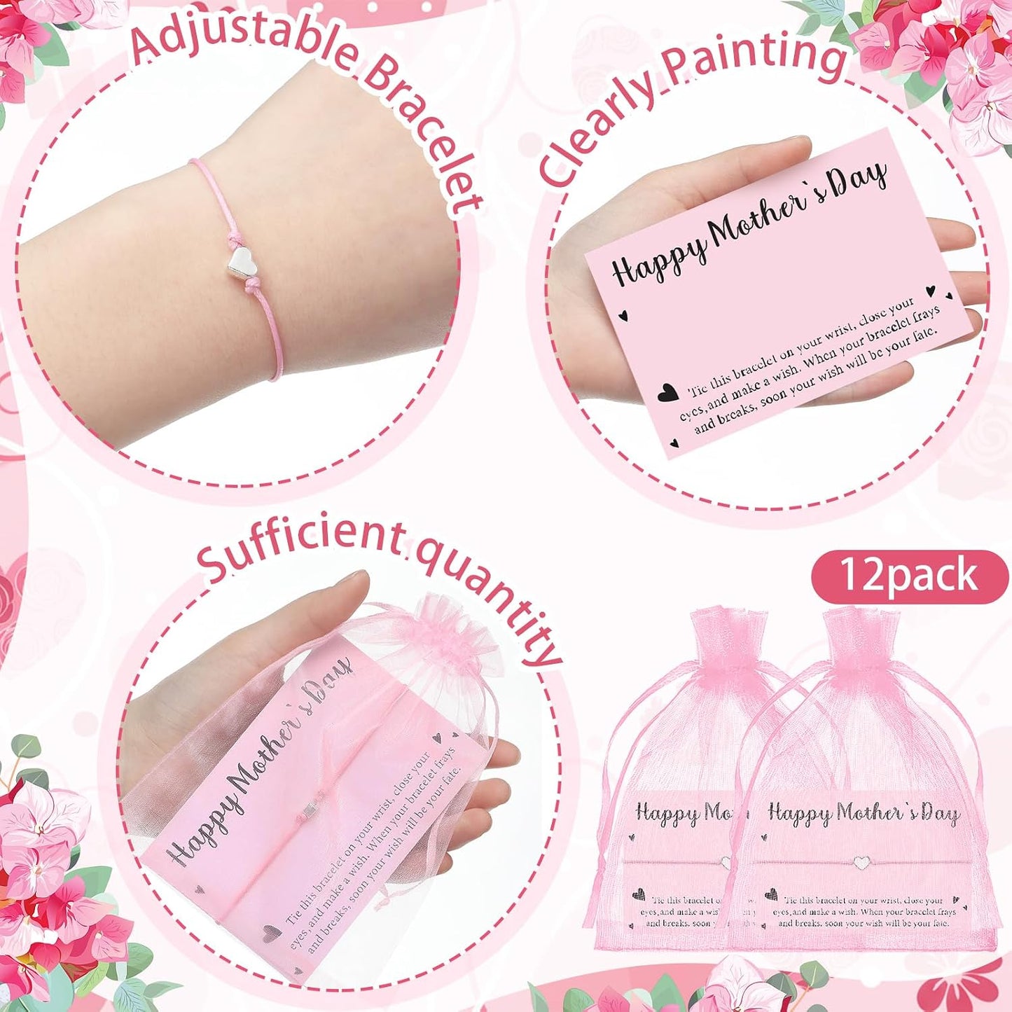 Pink Heart Bracelet Set for Mother's Day | Adjustable Friendship Jewelry Gift for Women - 12 Pieces