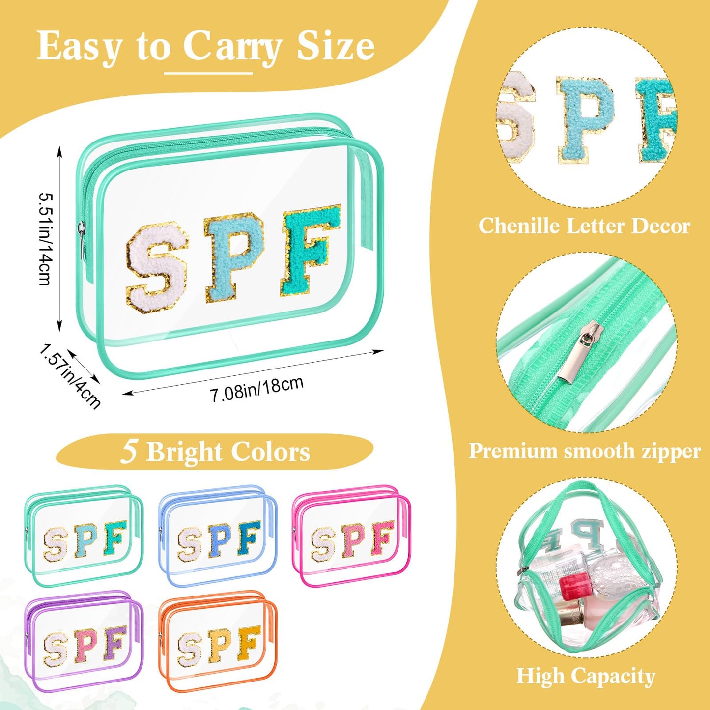 Kacctyen 20 Pcs Clear SPF Makeup Bags Bulk 5 Colors Sunscreen Pouch Beach Pool Waterproof Toiletry Cosmetic Bags Set Preppy Chenille Letter Patch Zip Organizer Girls Summer Vacation Gifts Essentials