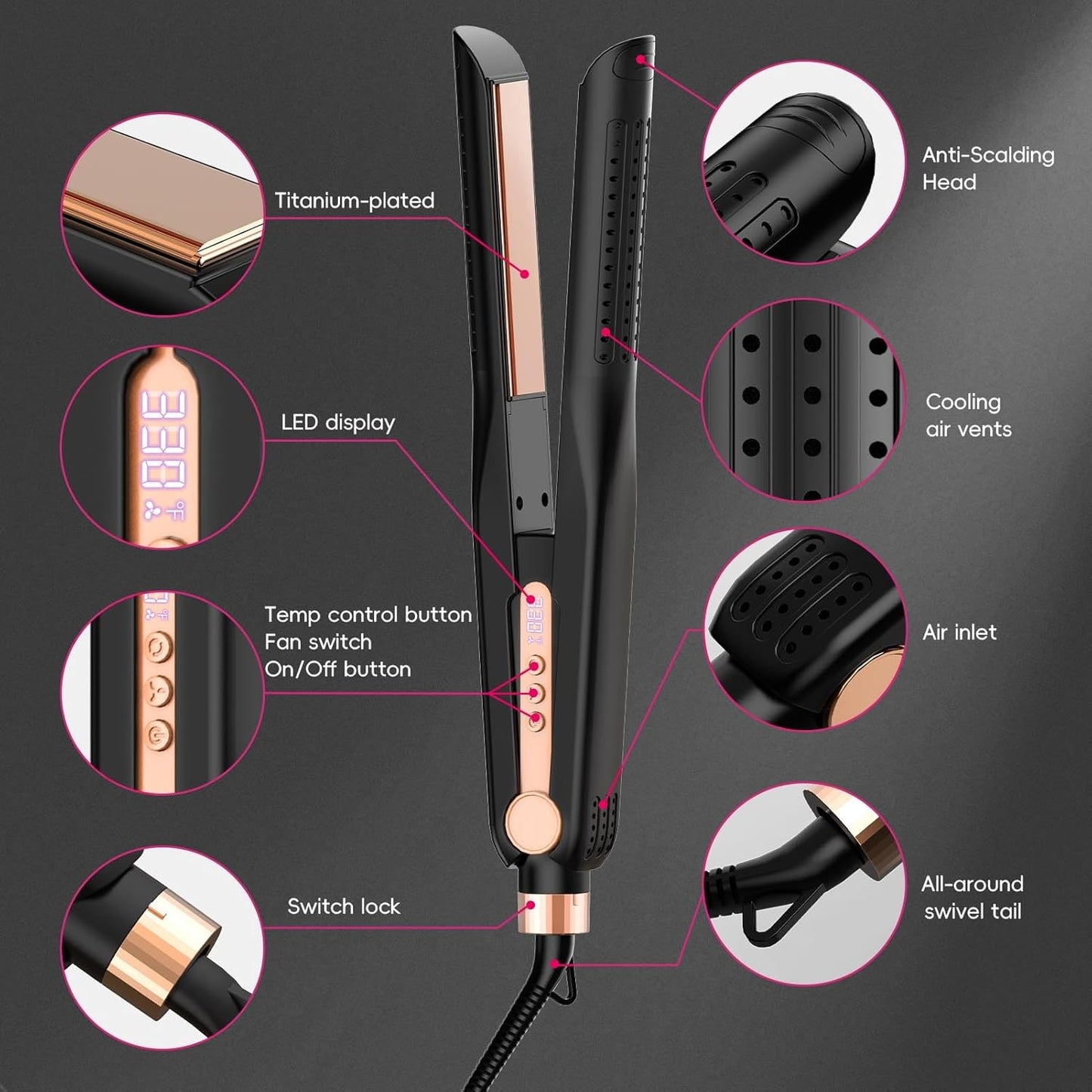 SKIMI Airflow Styler - Titanium Flat Iron & Curling Iron with Cooling Vents | 5 Heat Settings, Dual Voltage, Auto Shut-Off